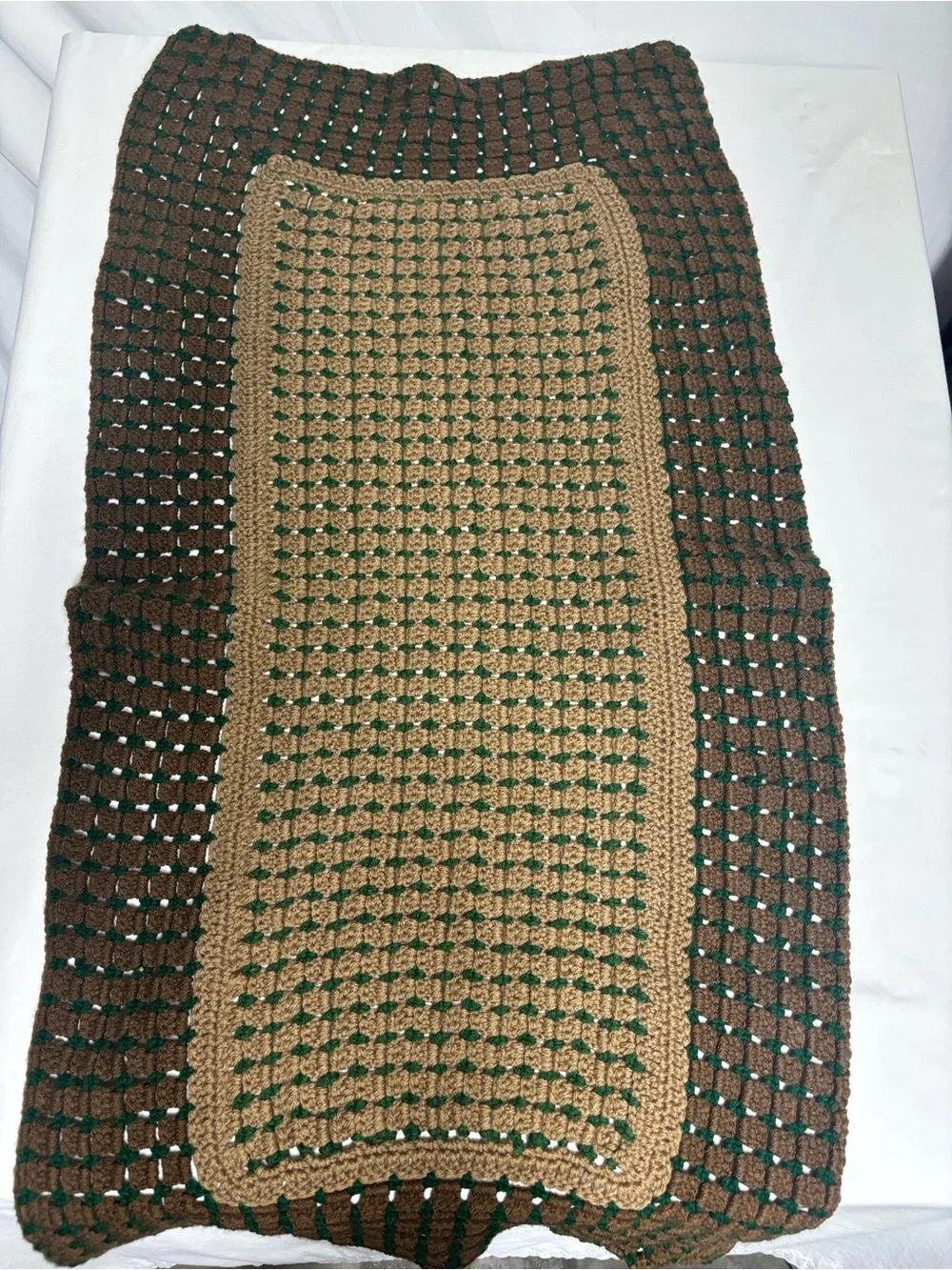 Handmade Crochet Lap Blanket Throw Brown Tan Green Retro Granny Style